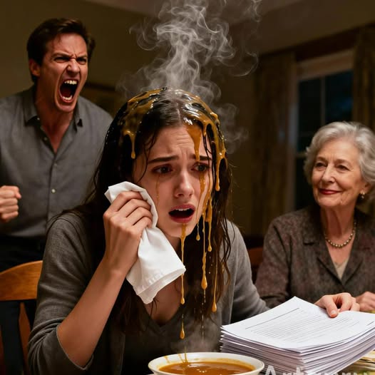 „Beim Familienessen hat mein Mann kochendheiße Suppe über mich ausgeschüttet, während seine Mutter lachte.