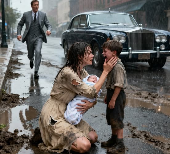 Eine bescheidene junge Mutter blieb im strömenden Regen stehen, um einem weinenden Jungen zu helfen