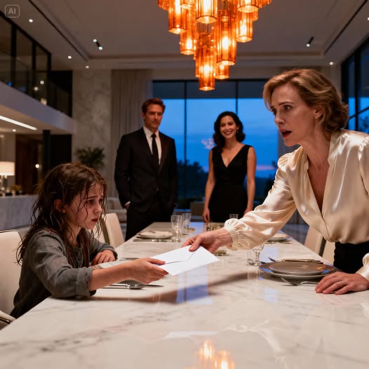 Beim Abendessen schob meine Tochter mir heimlich einen zusammengefalteten Zettel rüber.„Tu so, als wärst du krank, und geh raus“