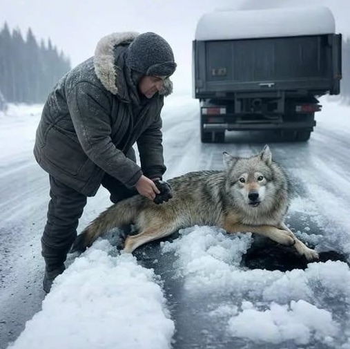 Nie zastanawiając się ani chwili, kierowca ciężarówki wyciągnął z lodowatej wody tonącą, ciężarną wilczycę! Ale jeszcze nie miał pojęcia, do jakich konsekwencji to doprowadzi…