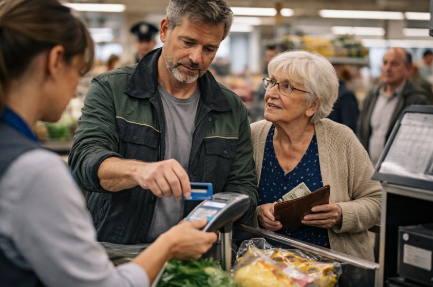 Co pan robi?! — krzyknął ochroniarz przez cały supermarket.