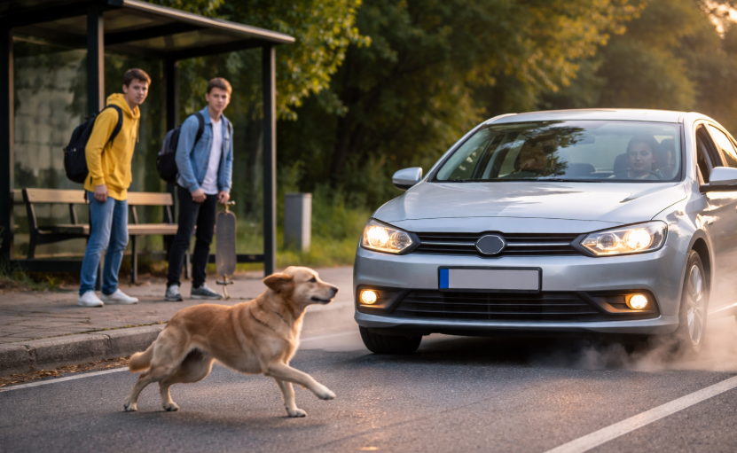Pies wbiegł na drogę dokładnie w momencie, kiedy wcisnęła hamulec.