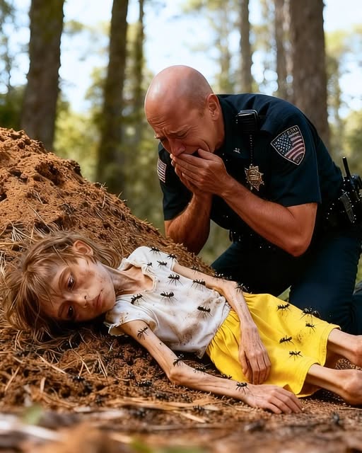 Полицейский находит маленькую девочку, оставленную в муравейнике