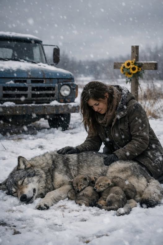 Młoda kobieta, wracając do domu, zauważyła przy drodze zamarzniętą wilczycę, a obok niej małe wilczki, które trzęsły się z zimna i strachu