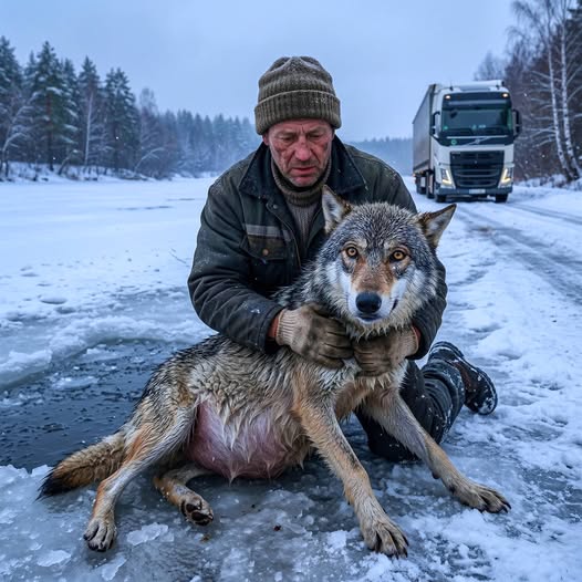 Nie zastanawiając się ani sekundy, kierowca ciężarówki wyciągnął z lodowatej wody ciężarną wilczycę!