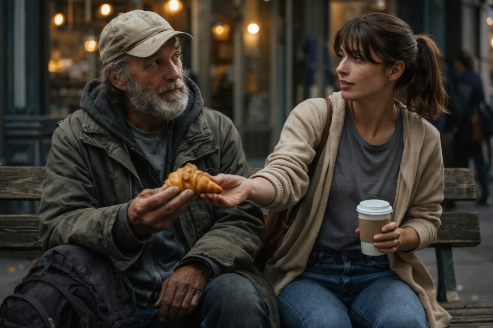 Nimeni nu-l batjocorea pe omul fără adăpost de lângă cafenea, dar nici nimeni nu se așeza vreodată lângă el