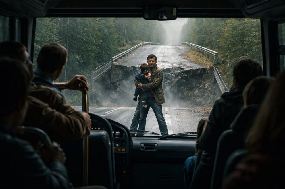 Мужчина выбежал на трассу и встал прямо перед автобусом, прижимая к груди маленького мальчика