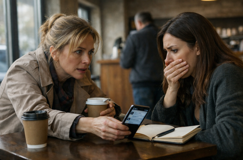 Ea a intrat doar să bea o cafea — iar peste zece minute citea într-un telefon străin cum niște necunoscuți discută despre viața ei, traseele ei și ora la care se întoarce de obicei acasă